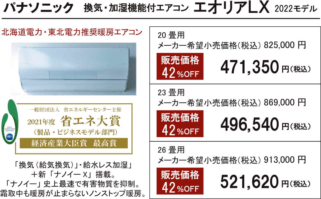 換気・加湿機能付エアコン エオリアＬＸ 2022モデル